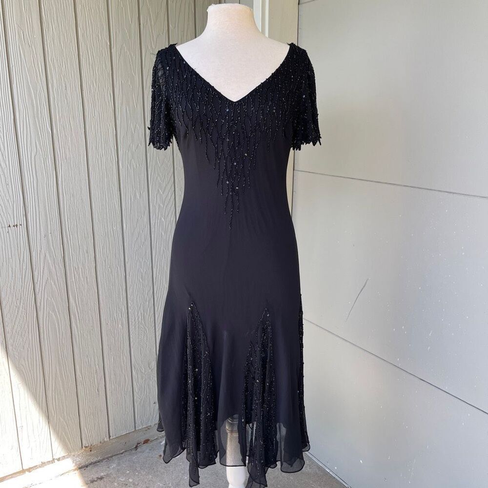 VTG J KARA Black Beaded Gothic Handkerchief Hem Formal Cocktail Dress 10